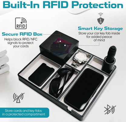 Nightstand Organizer with RFID Key Box – Bedside Valet Holder Tray with Charging Slot for Smart Keys – Catch All Tray for Phone, Wallet, Watch & Jewelry – Dresser Top Organizer Gift for Men & Women