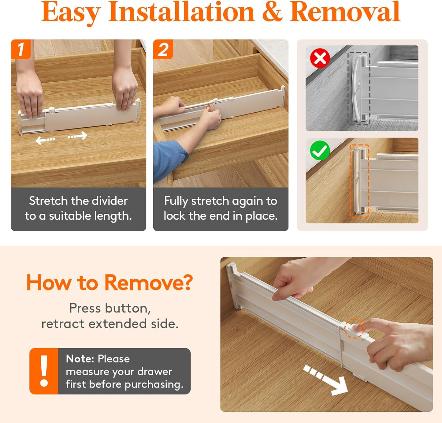 Lifewit Drawer Dividers for Clothes, 3.2" Tall 10.5"-16.5" Expandable Dresser Drawer Organizers, Adjustable White Plastic Separators for Kitchen, Cabinet, Nursery, Socks & Underwear Storage, 4 Pack