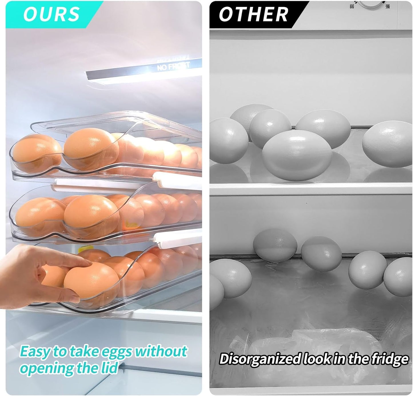 RoskDeewat Egg Holder for Fridge, Automatic Rolling Egg Container for Refrigerator, Stackable Fridge Organizers and Storage with Lid, Clear Plastic Egg Dispenser,Bin & Tray (1 Tier)