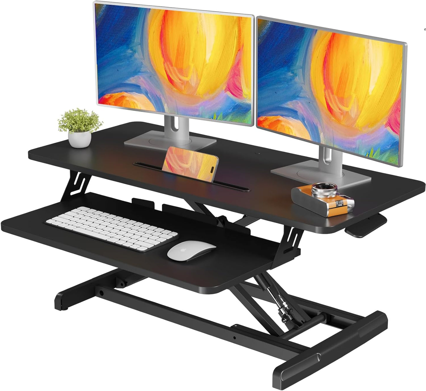 JOY worker Standing Desk Converter, 32" Wide Height Adjustable Sit Stand Up Desk Riser with Keyboard Tray, Desktop Workstation Riser for Home Office Computer Laptop, Particle Board, White