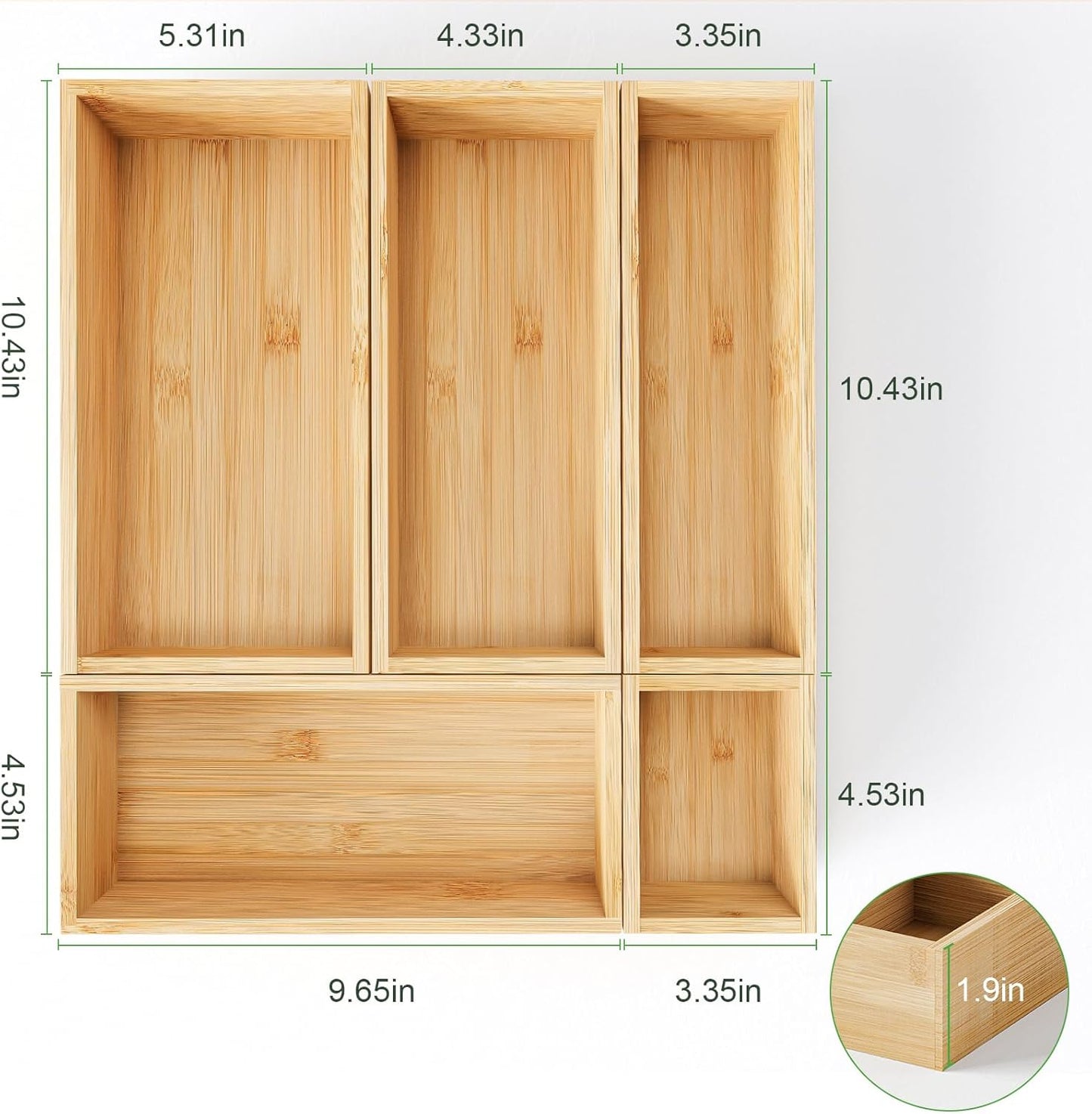 Bamboo Drawer Organizer Boxes, 5 PCS Junk Drawer Organizer, Wooden Storage Trays for Kitchen, Bathroom, Office, Makeup