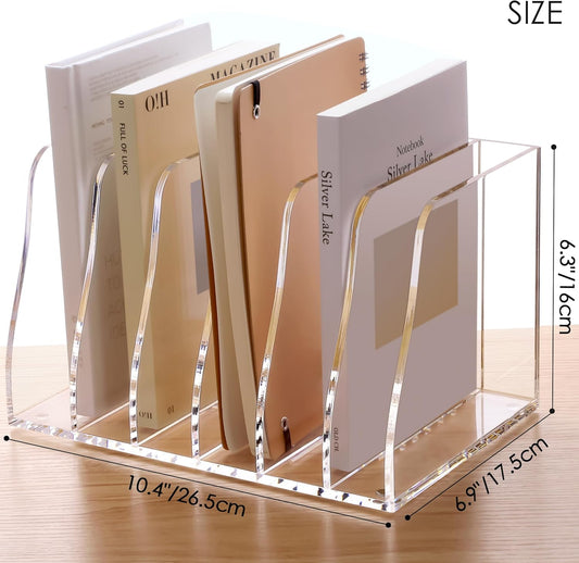 SANRUI Acrylic File Organizer, Clear Magazine File Holder Desk Organizer for Office Organization and Storage with 5 Vertical Compartments, Desktop Bookshelf for Home Office Organization