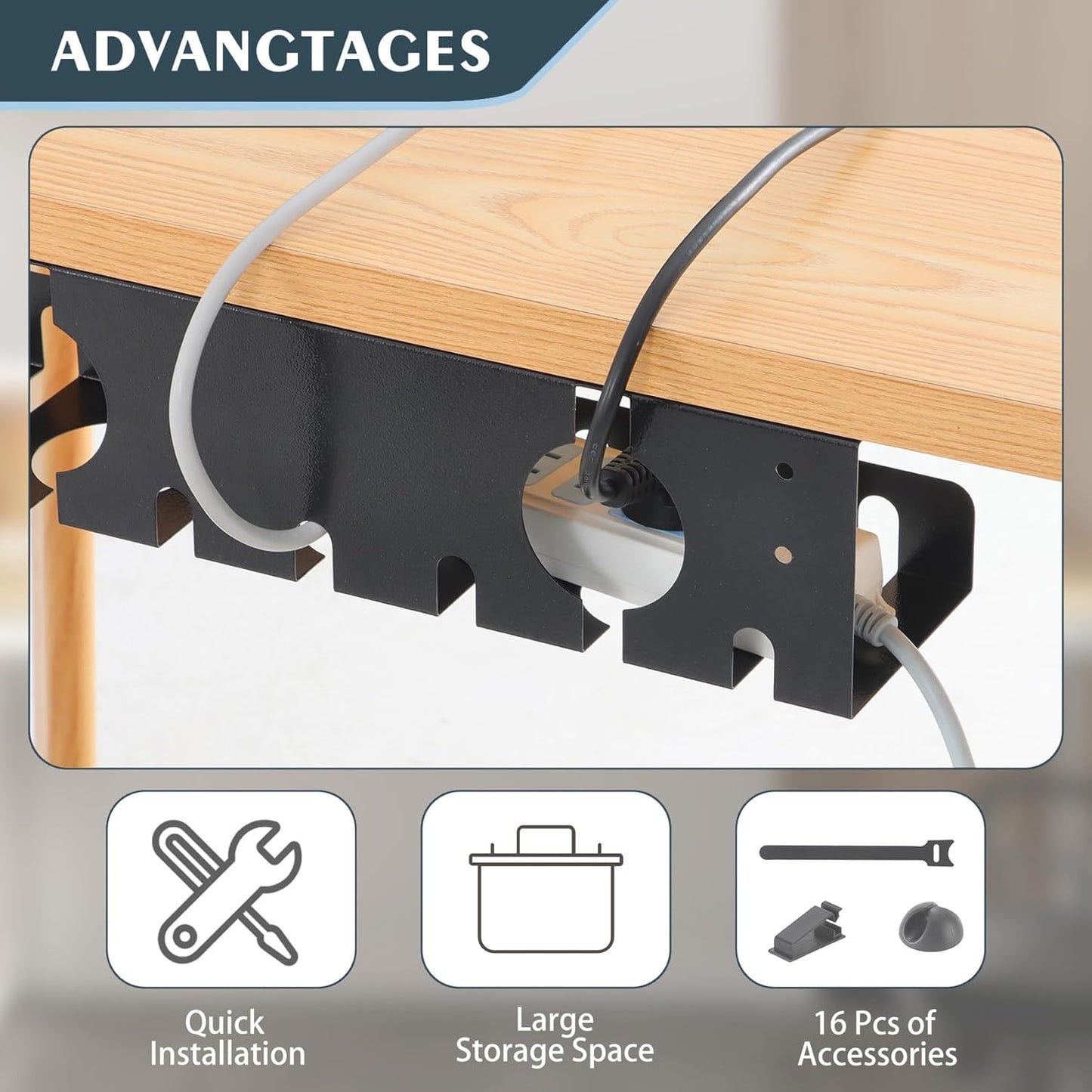 Under Desk Cable Management Tray 2 Pack White, Cable Management Under Table, Cord Organizer Tray for Wire Management, Home & Office Standing Desk Cord Organizer