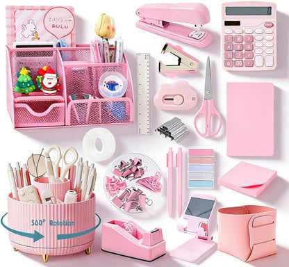 Gawsey Gold Desk Organizers and Accessories Set with 360-Degree Rotating Pen Holder, Acrylic Stapler, Tape Holder, Staple Remover, Binder/Paper Clips Kit, Scissor and 1 Box of Staples