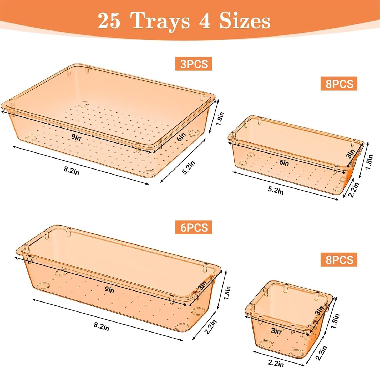 SpaceHacks 25 PCS Plastic Drawer Organizer Set, 4-Size Versatile Organizer Tool Trays & storage Bins for Makeup, Jewelry, and Gadgets in Bathroom, Bedroom and Office,Clear Black