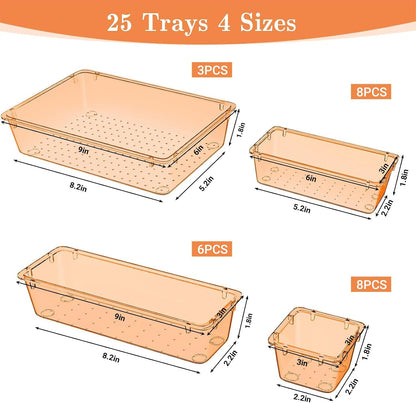SpaceHacks 25 PCS Plastic Drawer Organizer Set, 4-Size Versatile Organizer Tool Trays & storage Bins for Makeup, Jewelry, and Gadgets in Bathroom, Bedroom and Office,Clear Black