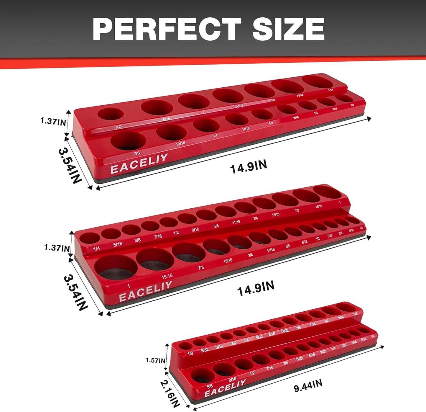 EACELIY 6-Piece Magnetic Socket Organizer Set, 1/2", 1/4" and 3/8" SAE & Metric Deep & Shallow Socket Holder Kit, holds 141 stanard Sockets, attaches to steel box/tool cart (sockets not included)