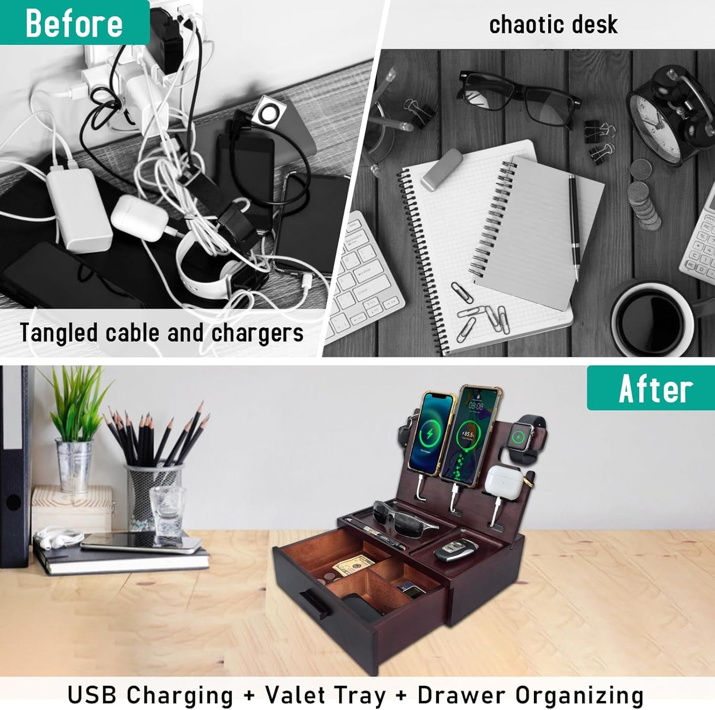 Wood Phone Docking Station with Drawer Nightstand Organizer for Men Dual Phone Charging Station for iPhone Samsung Google Desk Organizers Anniversary Birthday Gifts for Men Dad Him Husband