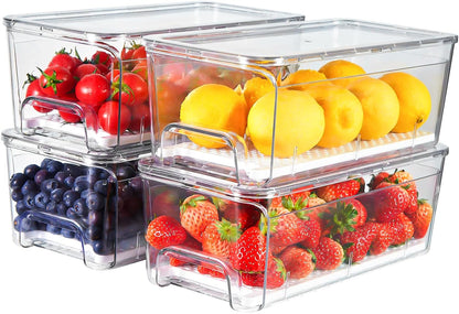 6-Pack Fridge Drawer Organizer, Pull-out Stackable Refrigerator Organizers and Storage, Clear Fruit Storage Containers Bins with Drain Tray for Kitchen Cabinet, Pantry Organization
