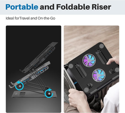 YICOSUN Adjustable Laptop Cooling Stand with 2 Quiet Fans & RGB Lighting, Aluminum Alloy & Foldable Ergonomic Design for MacBook, Lenovo, ASUS, Dell 10-16 Inch, Perfect for Gaming, DJ, Office - Silver