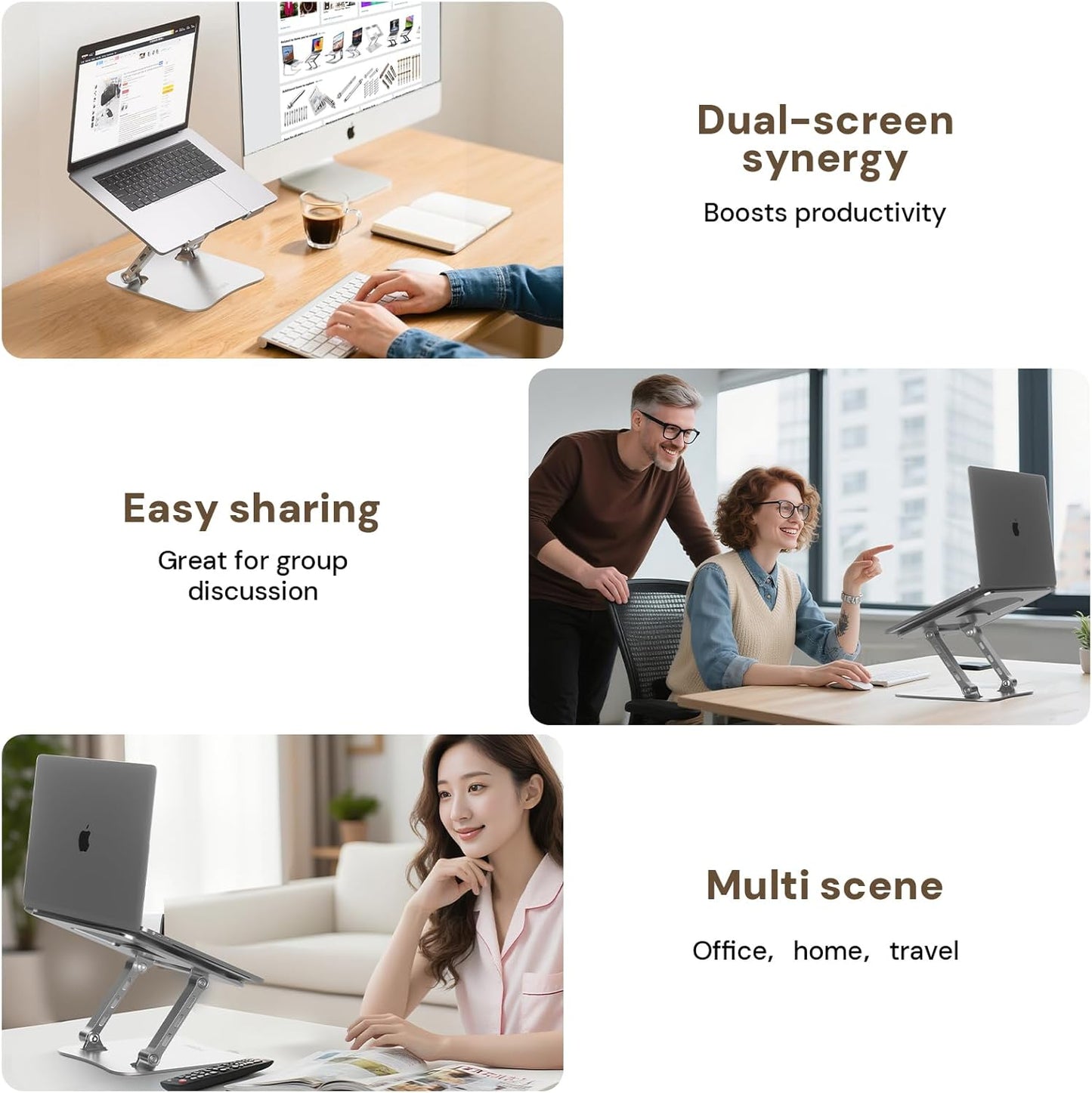 Laptop Stand for Desk, Adjustable Height & Angle Portable Aluminum Laptop Riser & Monitor Stand with 360° Swivel, Foldable Ergonomic Computer Stand for 10-17 Inch Laptops (MacBook/Dell/HP), Silver.
