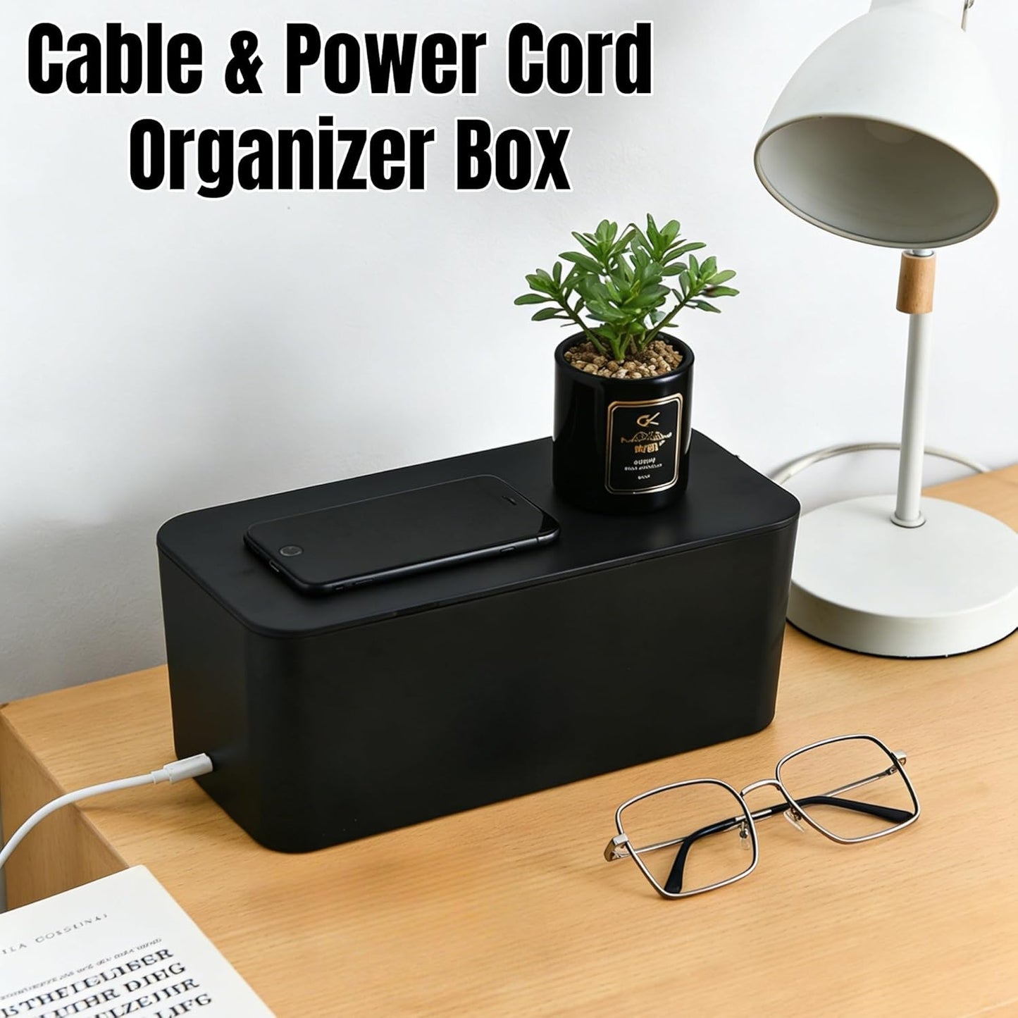 1 Large + 1 Small Cable Management Box Set – 2-Piece Cord Organizer Box, Home Office Desk Wire Storage & Cable Management Solution (Acryliclid lid/Black)
