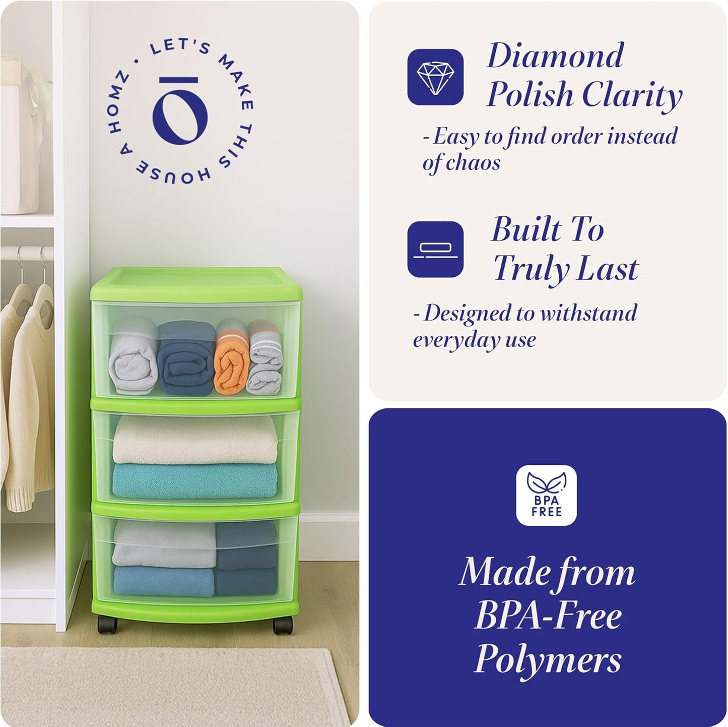 HOMZ Drawer Tower, 3-Tier Rolling Storage Cart with Removable Wheels, White Frame – Plastic Organizer with Clear Bin Drawers for Bedroom, Bathroom, Home Office, and Dorm Room