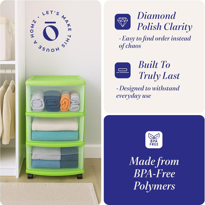 HOMZ Drawer Tower, 3-Tier Rolling Storage Cart with Removable Wheels, White Frame – Plastic Organizer with Clear Bin Drawers for Bedroom, Bathroom, Home Office, and Dorm Room