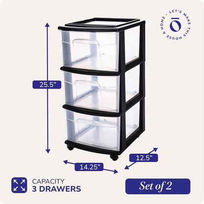HOMZ Drawer Tower, 3-Tier Rolling Storage Cart with Removable Wheels, White Frame – Plastic Organizer with Clear Bin Drawers for Bedroom, Bathroom, Home Office, and Dorm Room