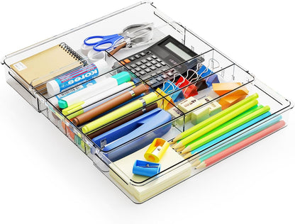 Yieach Large Expandable Desk Drawer Organizer Tray for Office Supplies and Accessories With 12 Adjustable Compartments,Office Drawer Organizers for Pencil,Pen and Kitchen Junk Drawer Organizer,Clear
