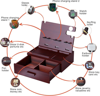 Nightstand Organizer with Drawer Built in 4 USB Charger, Wood Phone Docking Station with Dual Phone Charging Station for Apple Android Phones Anniversary Birthday Gifts for Men Dad Hunsband Mom
