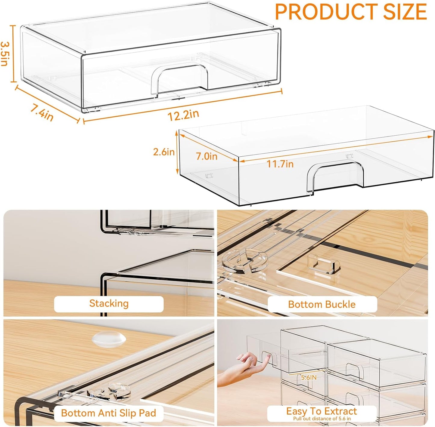 Yieach 4 Pack Clear Stackable Storage Drawers,4.4'' Tall Acrylic Drawer Containers for Organizing,Bathroom Organizers and Storage Bin Box,Plastic Makeup,Medicine Organizer Bins for Cabinet,Undersink