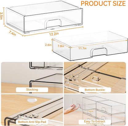 Yieach 4 Pack Clear Stackable Storage Drawers,4.4'' Tall Acrylic Drawer Containers for Organizing,Bathroom Organizers and Storage Bin Box,Plastic Makeup,Medicine Organizer Bins for Cabinet,Undersink