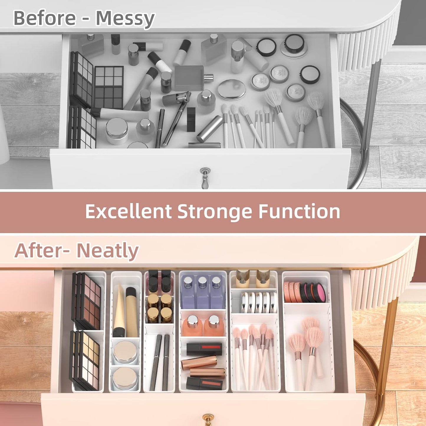 Desk Drawer Organizer Tray, 4 Pack Expandable Drawer Organizer with Dividers Adjustable, Bathroom Organizer Bins for Junk, Office, Makeup, Kitchen Utensil