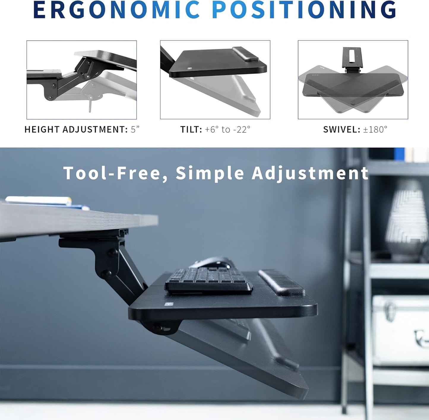 VIVO Adjustable Computer Keyboard & Mouse Platform Tray Ergonomic Under Table Desk Mount Drawer Underdesk Shelf (MOUNT-KB03B)