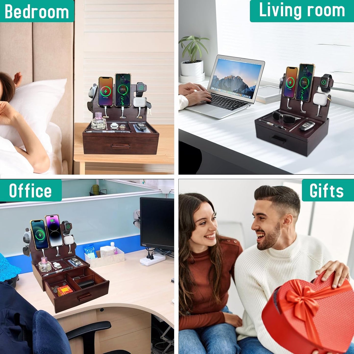 Nightstand Organizer with Drawer Built in 4 USB Charger, Wood Phone Docking Station with Dual Phone Charging Station for Apple Android Phones Anniversary Birthday Gifts for Men Dad Hunsband Mom