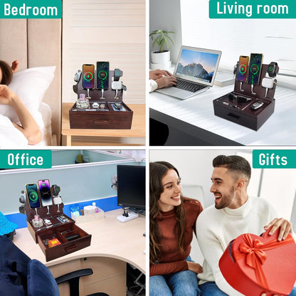 Nightstand Organizer with Drawer Built in 4 USB Charger, Wood Phone Docking Station with Dual Phone Charging Station for Apple Android Phones Anniversary Birthday Gifts for Men Dad Hunsband Mom