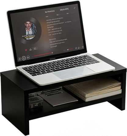 Wooden Monitor Stand Riser, 2-Tier Desk Shelf with Storage Organizer, Ergonomic Computer Stand, Storage Organizer for Laptop, Computer, Black, 15.7 Inch