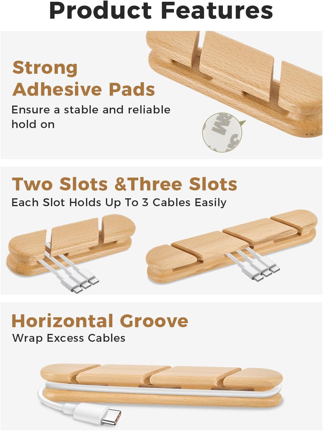 Solid Walnut Cable Holder & Cord Organizer, Adhesive Cable Clips for Desk, Under Desk, Wall, Bedside & Car, Wood Cable Management for Home Office, Phone Charging & USB Cables