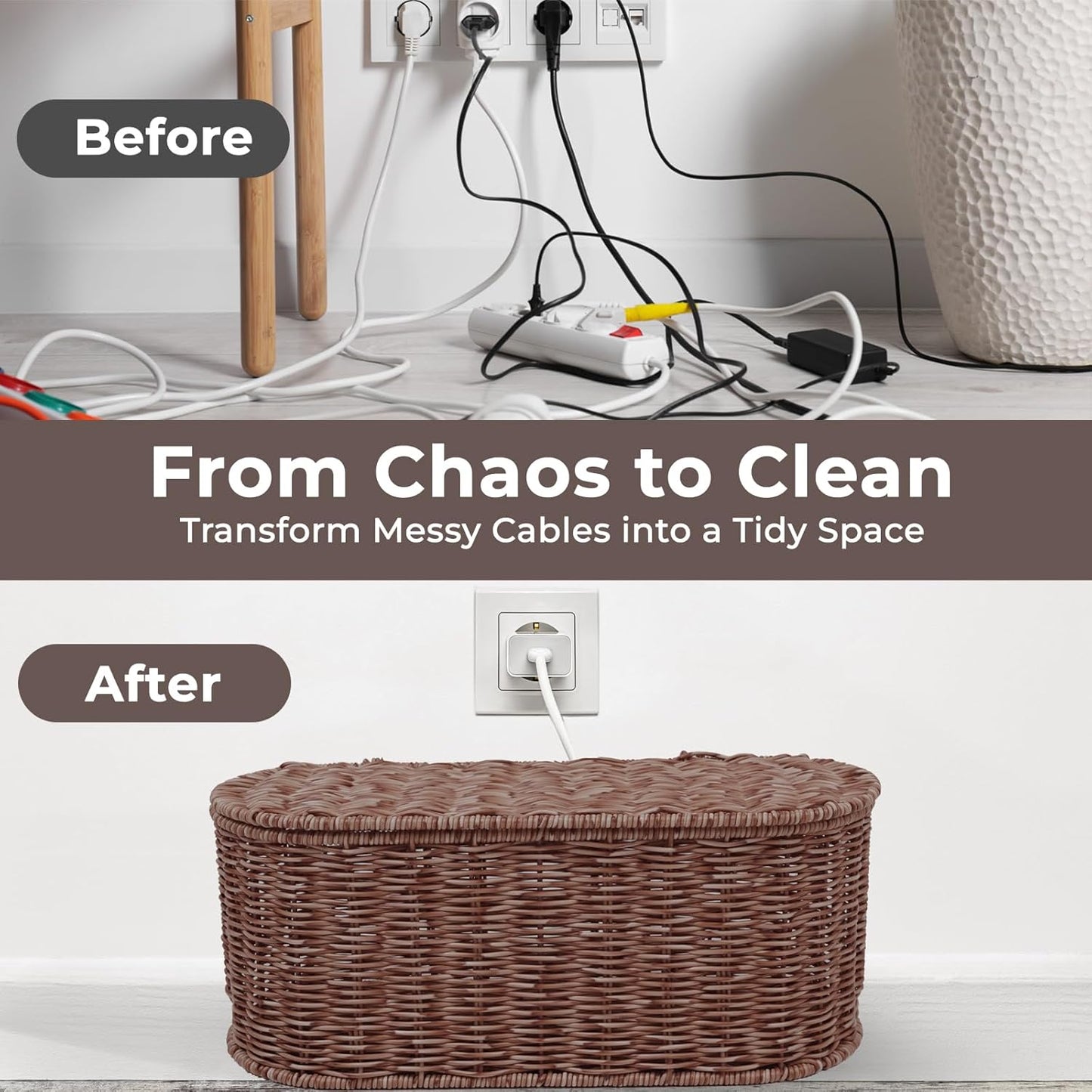 Cable Management Box, Handmade Rattan Cable Organizer with 2 Open Slots, Cord Hider for Power Strip, Router & USB Hub, Registered U.S. Design Patent (D1,112,102), 13" x 5.1" x 5.1", Natural