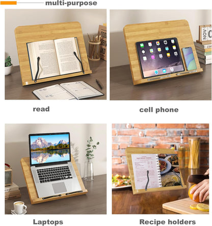 Recipe Book Holder,Cookbook Stand Wood Cookbook Holder for Kitchen, Adjustable Angle and Page Paper Clips,Magazine Holder for Desk, Laptop Stand, Tabletop Easel (Wood, S(11'' x 7.9''))