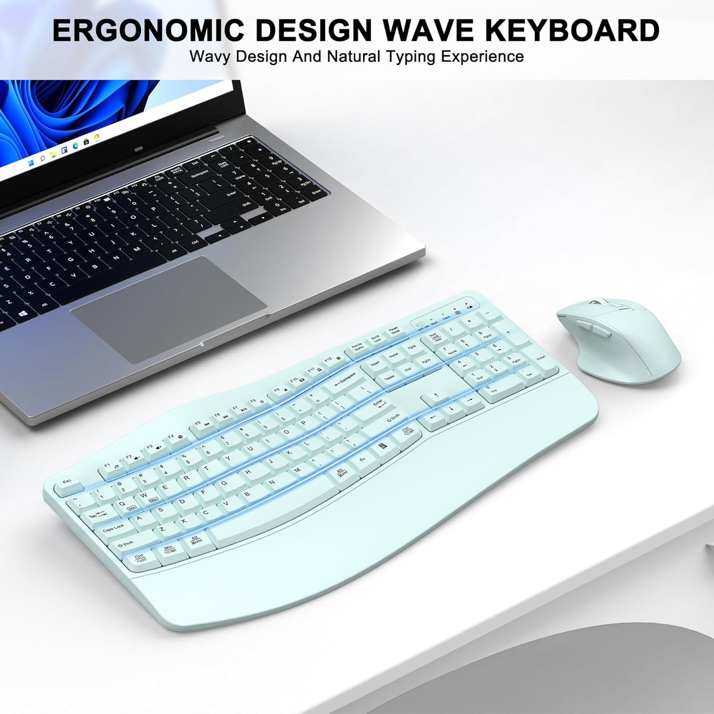 Wireless Keyboard and Mouse Combo, 2.4G Full Size Wave Keys Ergonomic Keyboard with Wrist Rest and 3-Level DPI Adjustable Wireless Ergonomic Mouse for Windows, Mac OS Desktop/Laptop/PC(Black)