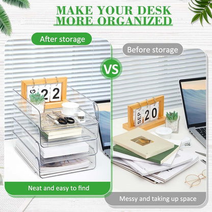 Juexica 4 Pcs Stackable Clear Letter Trays Organizer for Desk A4 Size File Paper Organizer Acrylic Desk Organizer Trays with Anti Skid Bottom for Home Office School (Vertical Opening Style)