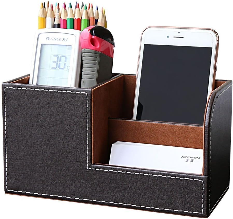 KINGFOM Desk Organizer Office Supplies Caddy Pu Leather Multi-function Storage Box Pen/Pencil,Cell phone, Business Name Cards Remote Control Holder with Small Drawer Black
