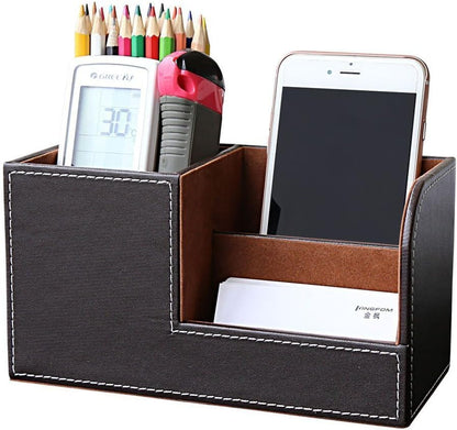 KINGFOM Desk Organizer Office Supplies Caddy Pu Leather Multi-function Storage Box Pen/Pencil,Cell phone, Business Name Cards Remote Control Holder with Small Drawer Black