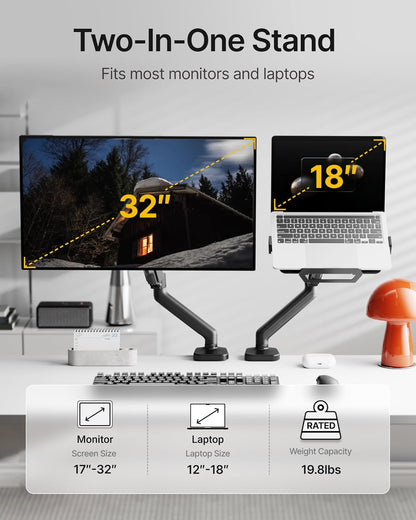 monTEK Laptop Arm Mount for Desk, 2-in-1 Monitor & Laptop Stand with Adjustable Laptop Tray, Fits Max 18" Notebook and 32" Screen, Aluminum Single Monitor Holder with VESA 75/100, Clamp/Grommet, Black