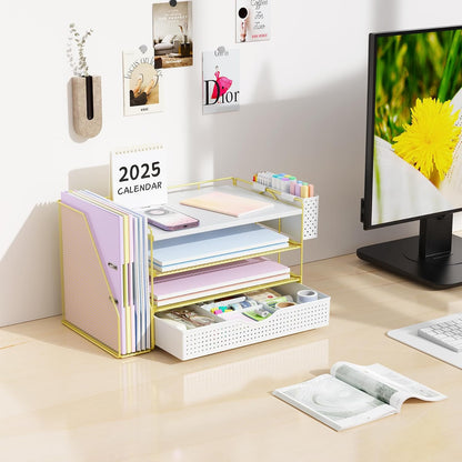 gianotter Wood Desk Organizers and Accessories with File Holder, 4-Tier Desk Accessories & Workspace Organizers with Drawer and Pen Holder, Desk Reference Organizer (Wood)