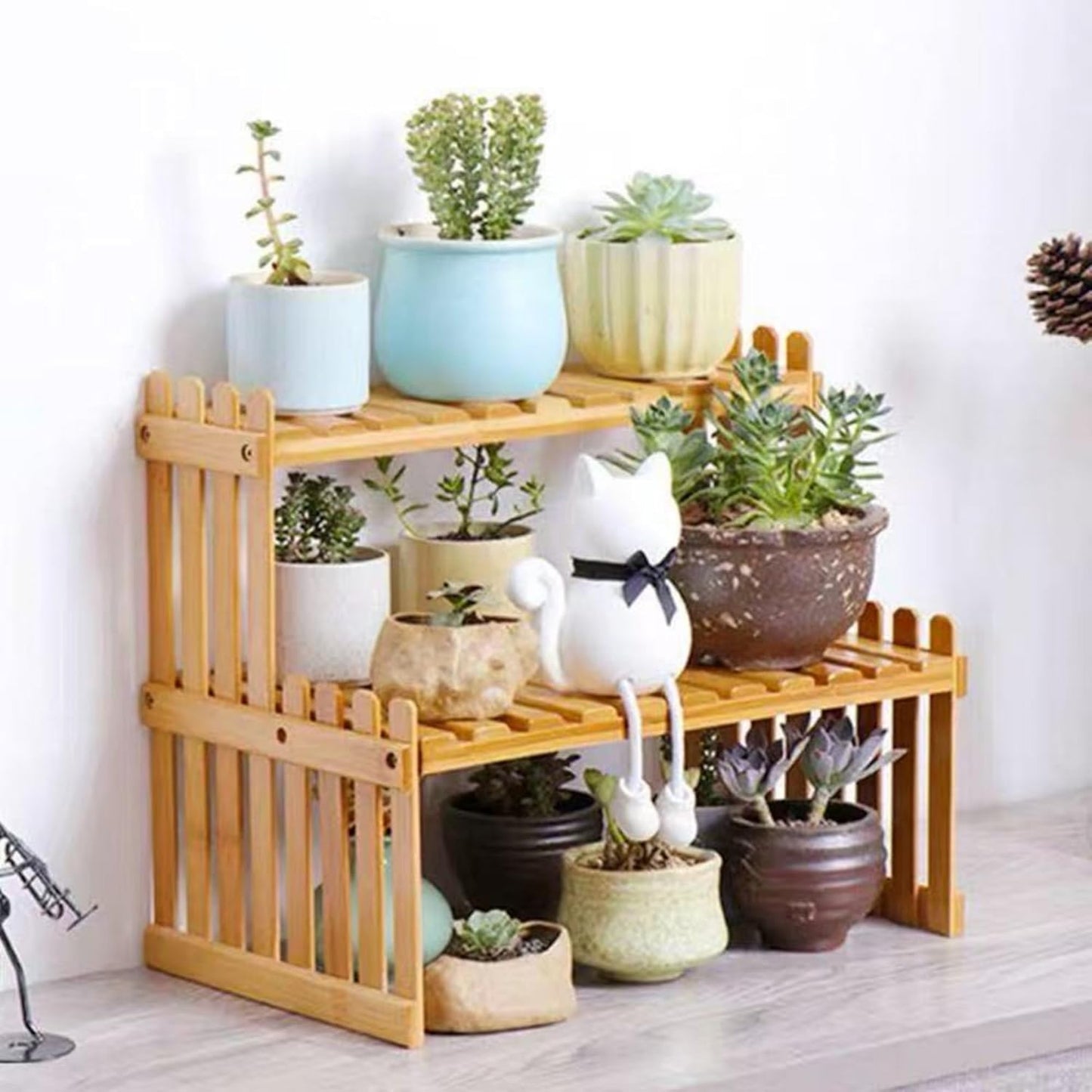 GURECOD 14.6"/18.5" 2 Tiers Bamboo Plant Stand Shelf,Desk Flower Pot Holder,Adjustable Desktop Shelf Display Organizer Ladder Rack for Office Decorate Storage Rack,Kitchen Rack (14.6" Length)
