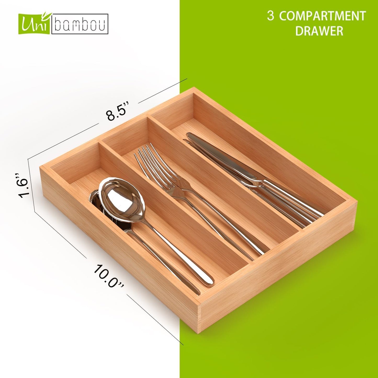 Unibambou Bamboo Utensil Drawer Organizer, Silverware Tray Organizer, Kitchen Drawer Organizer for Flatware Cutlery, (Natural, 3 Slots)