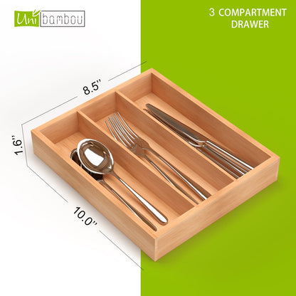 Unibambou Bamboo Utensil Drawer Organizer, Silverware Tray Organizer, Kitchen Drawer Organizer for Flatware Cutlery, (Natural, 3 Slots)