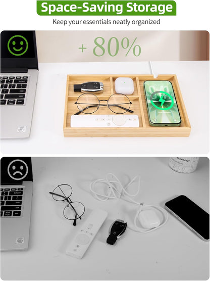 Bamboo Valet Tray with Dual Wireless Charger - EDC Nightstand Organizer for Men - Desk Tray & Catchall for Phone, Watch, Keys - Aesthetic Desk Accessories & Father’s Day Gift for Men (Natural)