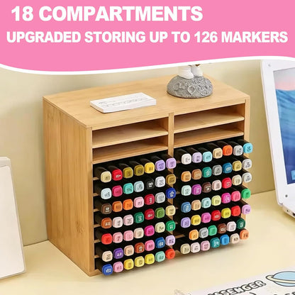 126 Bamboo Marker Organizer, Desktop Storage Hold 126 Markers, 18 Compartments Marker Storage for Home, Classroom, Office, Pen Pencil Holder Desk Art Supply Organizer