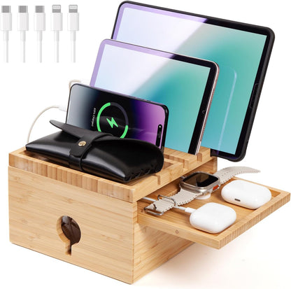 Bamboo Charging Station for Multiple Devices, Nightstand Docking Station with Small Tray, Desktop Wood Charger Organizer, Compatible with Cell Phone, Tablet, Earphones (No USB Charger and Cables)