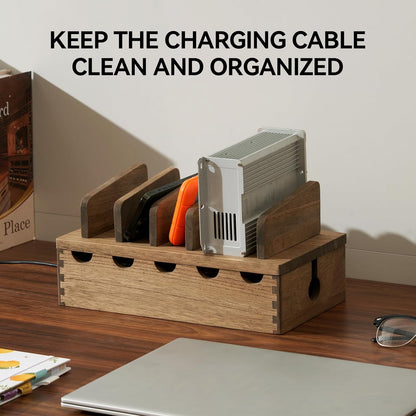 KIRIGEN Wood Charging Station Rack Organizer for Multiple Devices Desktop Organizer with 5 Ports for Cell Phones, Tablets, Earphones Wooden Cable Management DDXH-NA