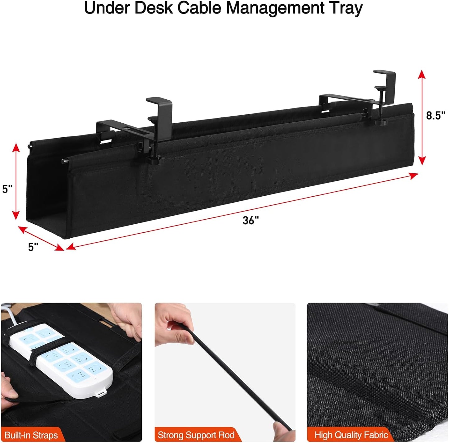 MAXECHO Under Desk Cable Management Tray 28" - Clamp on Wire and Cable Organizer for Storage and to Hide Cords - Ideal for Home Office - Premium Black Fabric Design