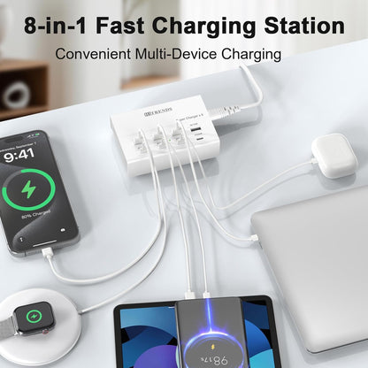 USB Charger with USB C PD20W and USB A QC18W, HITRENDS 60W PD Fast Charging Station, 5ft 8-Port Multiple Desktop Multi Port USB Charging Hub Compatible with iPad iPhone 17/16/15/14, Galaxy S24/S23/S22