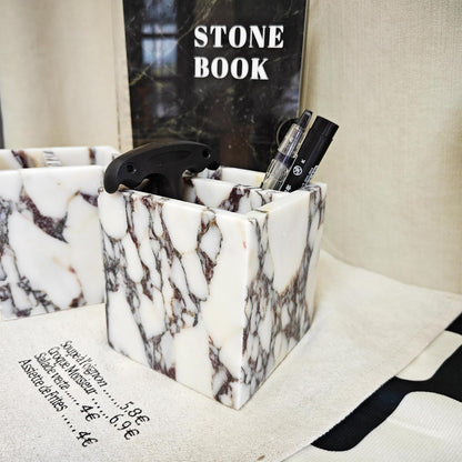 Marble Pen Holder, White Stone Rectangular Desktop Organizer, Office Study Makeup Brush Storage, Home Desk Decor, Minimalist Design, Durable Marble Accessory