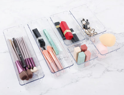 Drawer Organizer with Non-Slip Silicone Pads Set of 15,Clear Plastic Vanity Organizer Storage Bins Containers,4 Size Desk Organizer Tray
