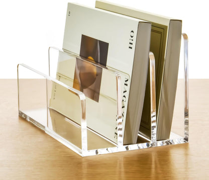 3 Compartments Clear Acrylic Mail Holder – Vertical Letter Sorter & Multifunction Desk Organizer for Bills, Documents, Notebooks – Modern Office/Home Envelope File Rack