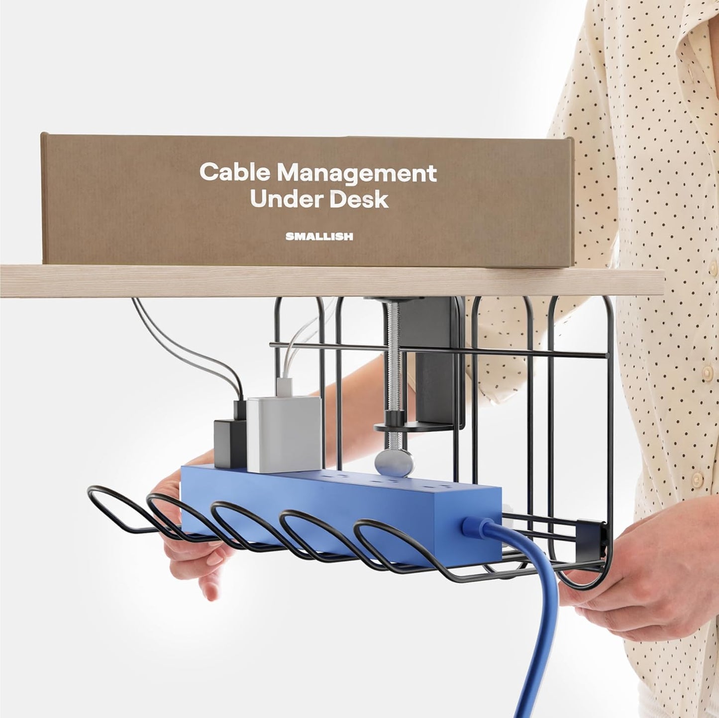 CarryUp Under Desk Cable Tray, No Drill Wire Management Clamp, Computer Cord Organizer, Cable Hider & Holder, Cord Keepers for Home Office Organization, Powder Coated Metal, Easy Install - Grey